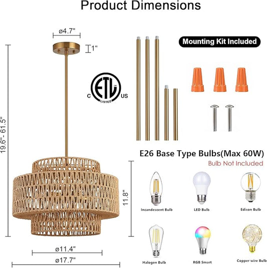 18 Inch Boho Chandeliers for Dining Room 4-Lights Black Farmhouse Light Fixtures Large Pendant Light Hand Woven Dining Table Light Fixture Rattan Hanging Lamp for Kitchen Island