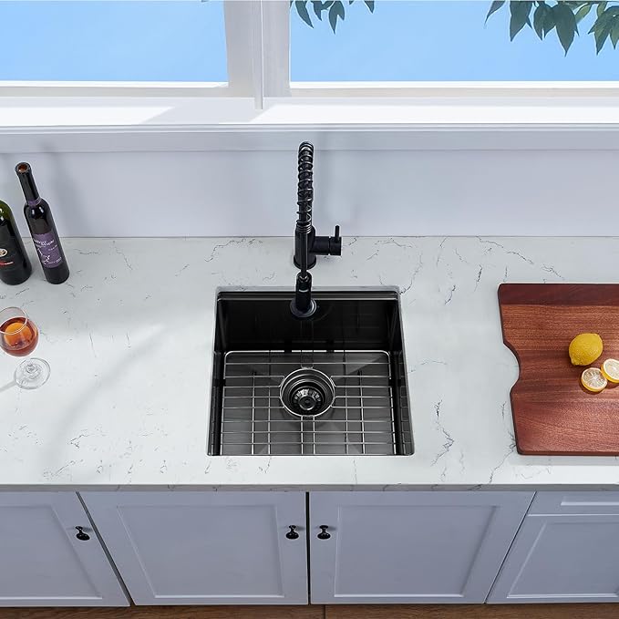 Undermount Kitchen Sink, 18 x 18 x 10 Inch Sink Kitchen 16 Gauge Gunmetal Black Stainless Steel Kitchen Sinks Single Bowl Workstation Sink with Cutting Board