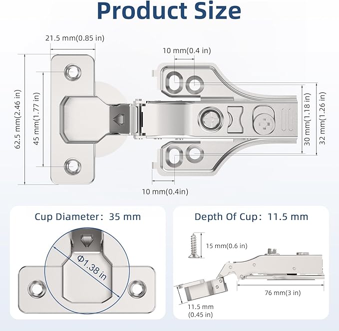 Chibery 4 Pack 3/4" Full Overlay Soft Close Concealed Hinge for Face Frame & Frameless Door, 3D Adjustment, Clip-on Plate, Slow Self Closing Hidden Satin Nickel, 105° Stainless Steel Hinges, 5/8"