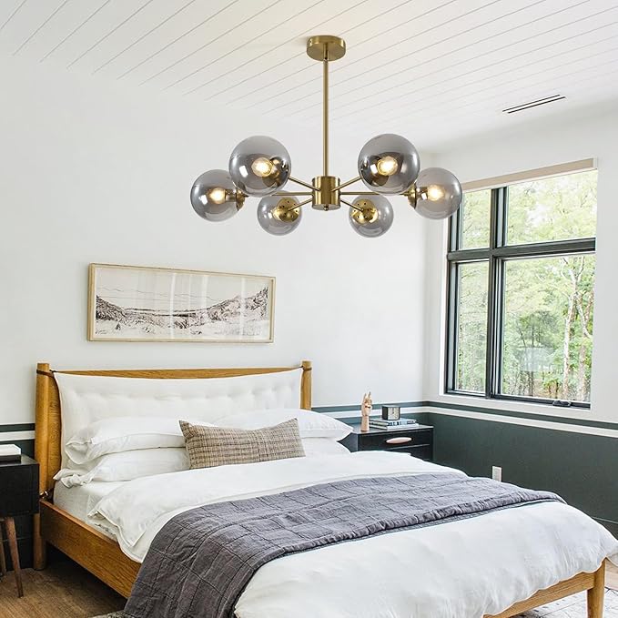 KCO Lighting Gold Globe Chandelier Smoke Bubble Glass Ball Pendant Lighting Fixture Modern 6-Light Brushed Brass Sputnik Chandelier Light Mid Century Hanging Ceiling Lamp for Living Room