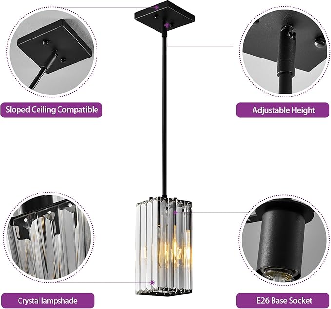 Modern Pendant Light Black Rectangle Pendant Lighting Mini Crystal Chandeliers Adjustable Pendant Light Fixture for Kitchen Island Dinning Room Living Room Corridor Bedroom(Black 2-Pack)