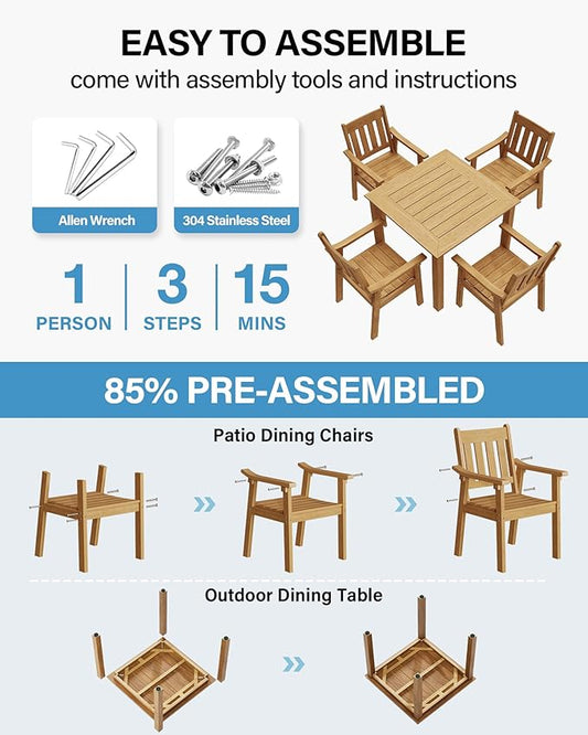 YEFU HIPS Patio Table Set: 5 Piece Outdoor Square Table and Chairs with Metal Aluminum Frame - Teak Modern Plastic Patio Dining Furniture Set 4 Person for Outside Deck