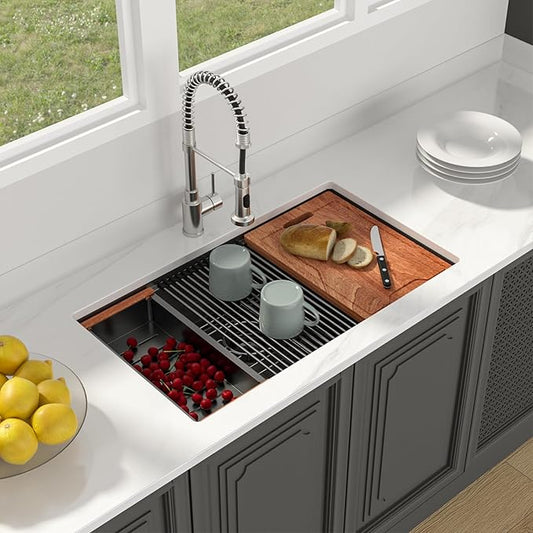 Lordear 33 Black Kitchen Sink Undermount Honeycomb Nano Finish 16 Gauge T304 Stainless Steel Single Bowl Workstation Sink with Cutting Boards Handmade
