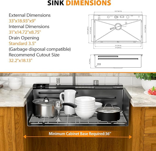 Mocoloo 33 Inch Black Honeycomb Waterfall Kitchen Sink Drop in, 33x19 Inch Stainless Steel Workstation Sink 16 Gauge Topmount Single Bowl LED Display Sink with Complete Kit