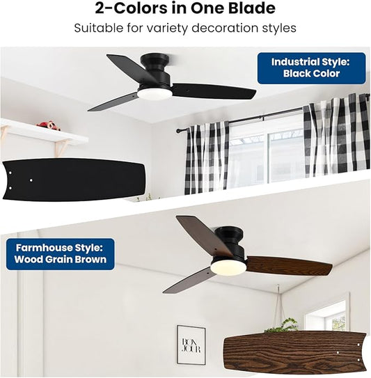 Conciseer 42 Inch Ceiling Fans with Lights and Remote, Bedroom Living Room Office, Flush Mount, 3CCT Dimmable, Dual Color 3 Blades, 6 Speed Reversible Quiet DC Motor, Black/Wood Grain, 2 Pack