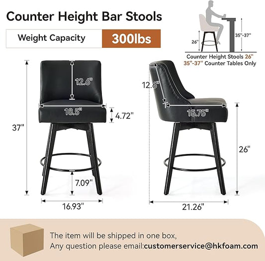 Counter Height Bar Stools Set of 2, Swivel Barstools with Backs and Wood Legs, Faux Leather Upholstered Counter Stools for Kitchend Island, Mid-Century Modern 26" Seat Height Bar Chairs, Black