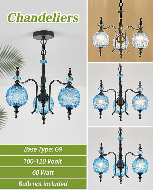 Vintage Blue Pendant Light Fixtures, 3-Light Chandeliers for Kitchen Bedroom Living Room Dining Room Hallway