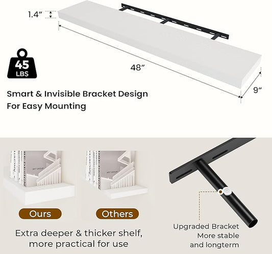 Dreamland 48 Inch Long Floating Shelves in White,9.3 Inch Deep Floating Shelf for Wall,Large Display & Storage Shelf, Wall Shelf for Bathroom Bedroom Living Room Kitchen Office,Set of 2