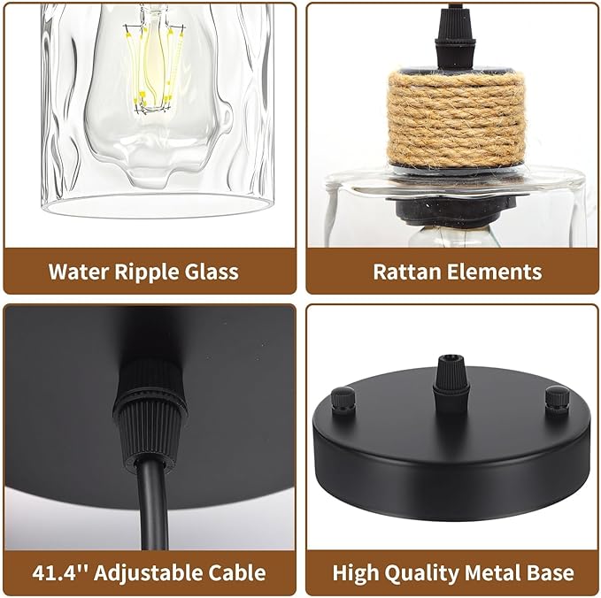 3 Pack Farmhouse Water Ripple Glass Pendant Lights for Kitchen Island, Black Kitchen Pendant Lighting, E26 Hanging Light Fixture for Dining Room, Bedroom, 41" Adjustable Cord, Bulb Not Include