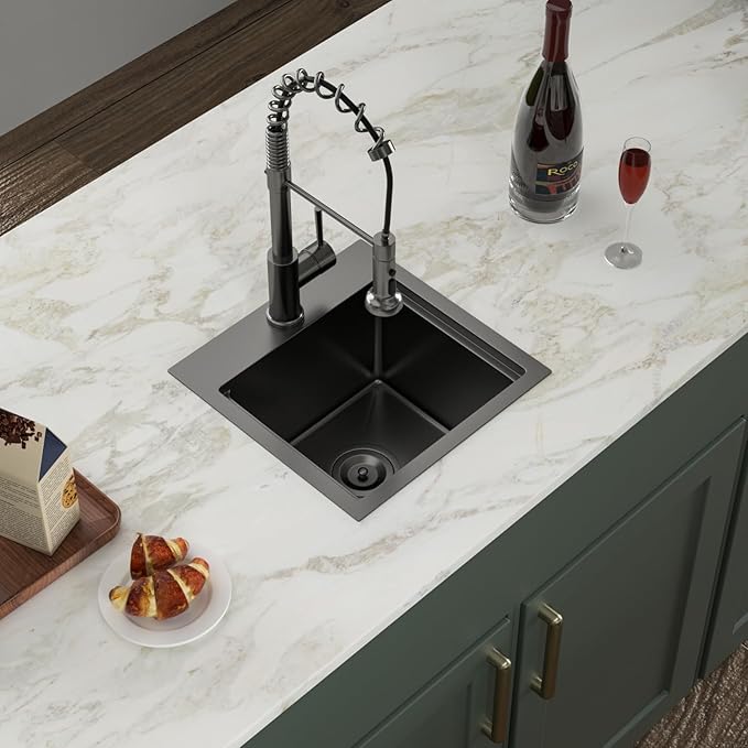Logmey 15" Square Drop in Bar Sink,PVD Nano Gun Black 16 Gauge Stainless Steel,15x15x9 Workstation Sink for Kitchen Prep,RV,Wet Bar & Outdoor