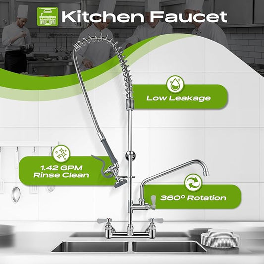 42" Height Commercial Sink Faucet with Sprayer, 8 Inch Center Wall Mount Kitchen Sink Faucet with Down Pre-Rinse Sprayer, Compartment Sink Faucet with 12" Swivel Spout for Restaurant