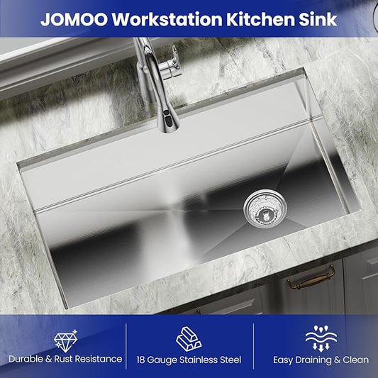 JOMOO 32‑Inch Brushed Stainless Steel Workstation Sink, 10″ Deep Single Bowl Undermount Kitchen Sink Set with Accessories