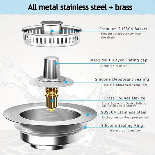 Sink Drain Strainer 3 in 1, 304 Stainless Steel Pop Up Kitchen Sink Stopper with Anti-Clogging Basket, Kitchen Essential Drain Anti-Clog Gadgets, Fits US Standard 3-1/2'' Sink Drain (Silver, 2 Pack)