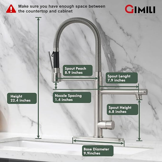 GIMILI Commercial Dual-Spout Kitchen Sink Faucet with Pull Down Sprayer Brushed Nickel