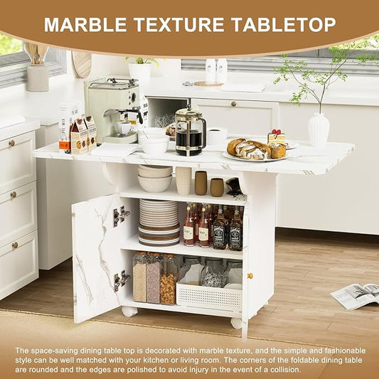 Folding Dining Table for 4-6 with Storage Rack and Cabinet, White Marble Color Kitchen Island, Versatile Space-Saving Table