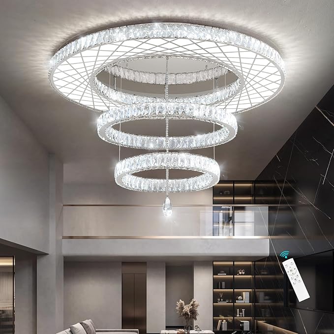 HAIXIANG 48 inch Large Size Glam Chandelier Crystal Ceiling Light for Living Room Chandeliers Lighting Fixtures with Remote Dimmable LED Light,Silver Chrome Luxury Interior Light