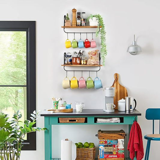 Olakee Floating Wall Shelves for Kitchen Bathroom Coffee Nook with 10 Adjustable Hooks for Coffee Mugs, Coffee Bar Organizer and Decor, Rustic Storage Shelves Set of 2