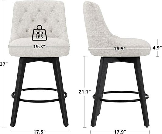 Vipbear Swivel Bar Stools Set of 2, Updated Thickened Upholstered Fabric Counter Height Barstools with Backs, Solid Wood Legs, 26" Modern Bar Height Stools for Kitchen Island, Dining Room, Dark Beige