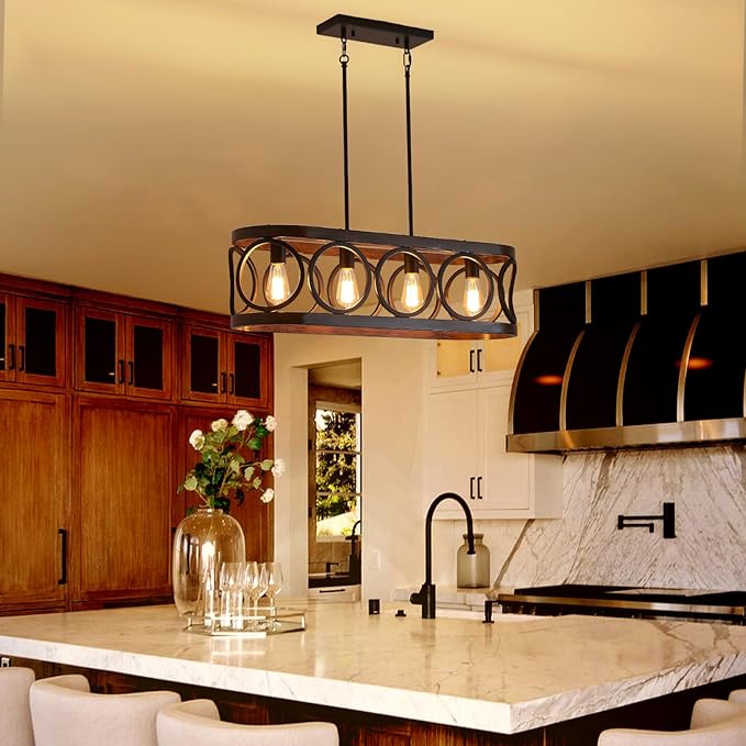 XINGQI 32.7" Kitchen Island Chandeliers Over Table Black Rectangular Linear Pendant Lighting Fixtures Farmhouse 4-Light Wood Grain Finish for Dining Room Living Room Bar Office Coffee Shop