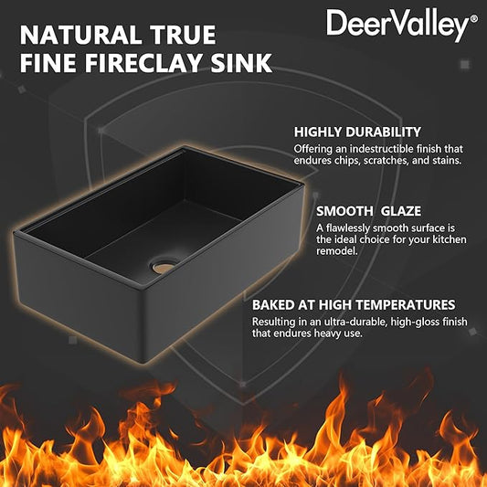DeerValley Black Farmhouse Sink 33 Inch Fireclay Farmhouse Kitchen Sink Undermount Workstation Single Bowl Kitchen with Ledge and Workstation Accessories