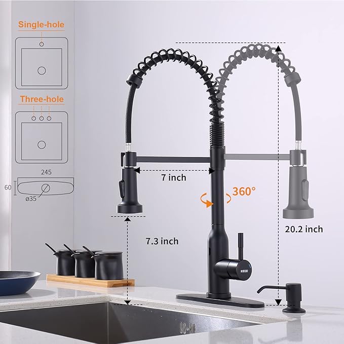 Black Touchless Kitchen Faucet , KEER Smart Motion Sensor Hands Free Single Handle Spring Kitchen Sink Faucet with Pull Down Sprayer