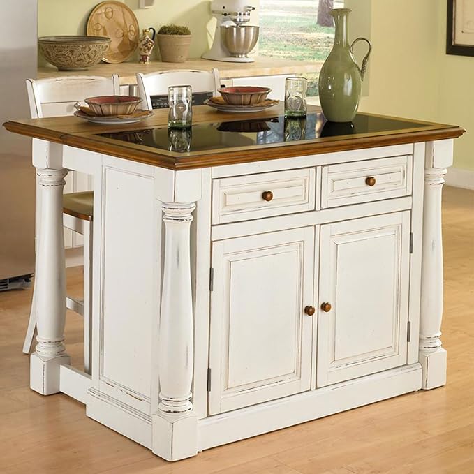 Home Styles Monarch White Kitchen Island with Distressed Oak Top, Black Granite Top Inset, Hardwood, Breakfast Bar, Two Drawers, Two Wood Panel Doors, and Adjustable Shelves