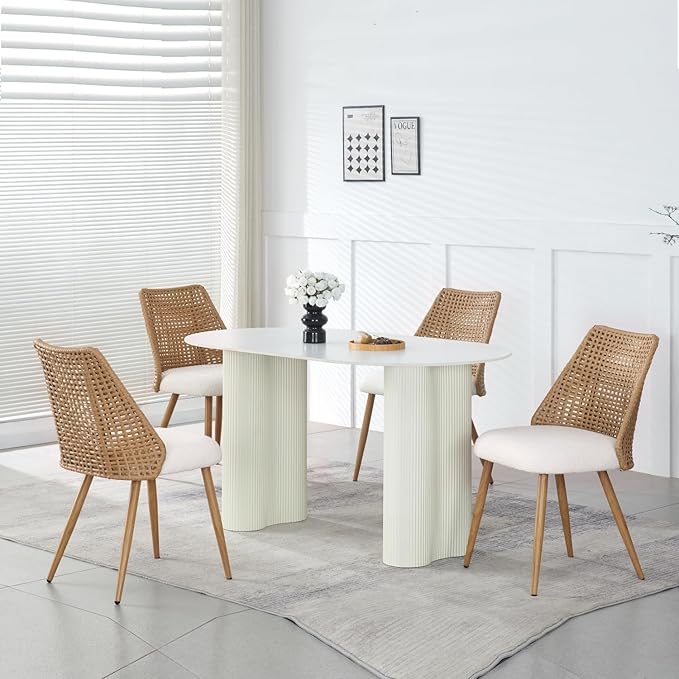 Rattan Dining Chairs, Upholstered Dining Chairs with Armless and PE Cane Backrest, Mid Century Modern Dining Room Chairs with Metal Legs for Kitchen Island,Set of 4