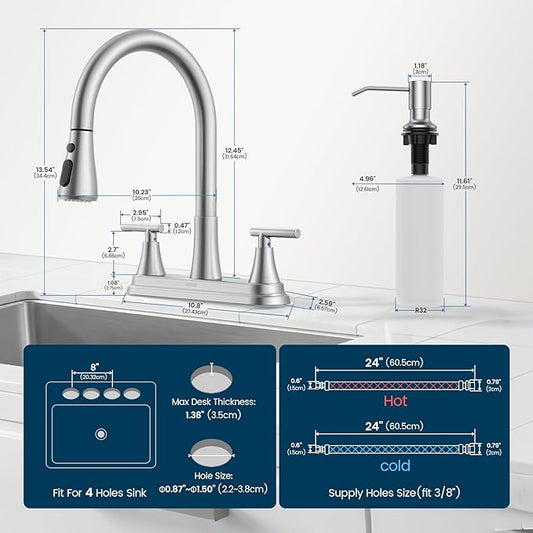 Hurran 8-Inch 2 Handle Pull Down Kitchen Faucet with Soap Dispenser, High Arc 2-in-1 Spray/Stream Stainless Steel Kitchen Sink Faucet for 3-4 Hole Widespread Installation, Brushed Nickel