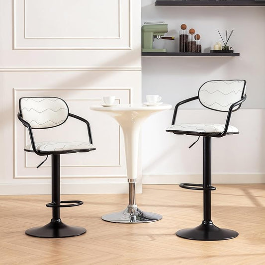 VECELO Bar Stools Set of 2, Adjustable Counter Height Barstools with Back and Arm, Swivel Bar Chairs/PU Leather Kitchen Island Stools for Pub/Dining Room/Living Room, White
