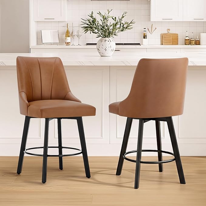 24" Counter Height Bar Stools Set of 4, Swivel Bar Stools with Backs, Faux Leather Upholstered Counter Barstools with Solid Wood Legs for Kitchen Island,Brown