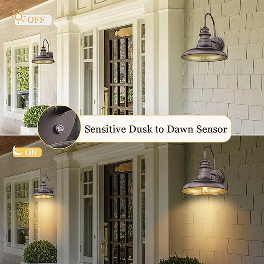Dusk to Dawn Sensor Outdoor Barn Light Fixture Outdoor Wall Sconce Farmhouse Wall Mount Lights Exterior Light Fixture Bronze Finish Industrial Wall Lantern for Porch, Garage, Entryways, 2 Pack