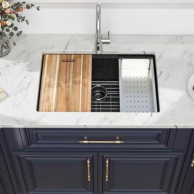 Kichae 28 inch Undermount Kitchen Sink Black - 28"x19" Granite Composite Kitchen Sink Ledge Workstation Undermount Black Quartz 10" Deep Under Counter Single Bowl Sinks