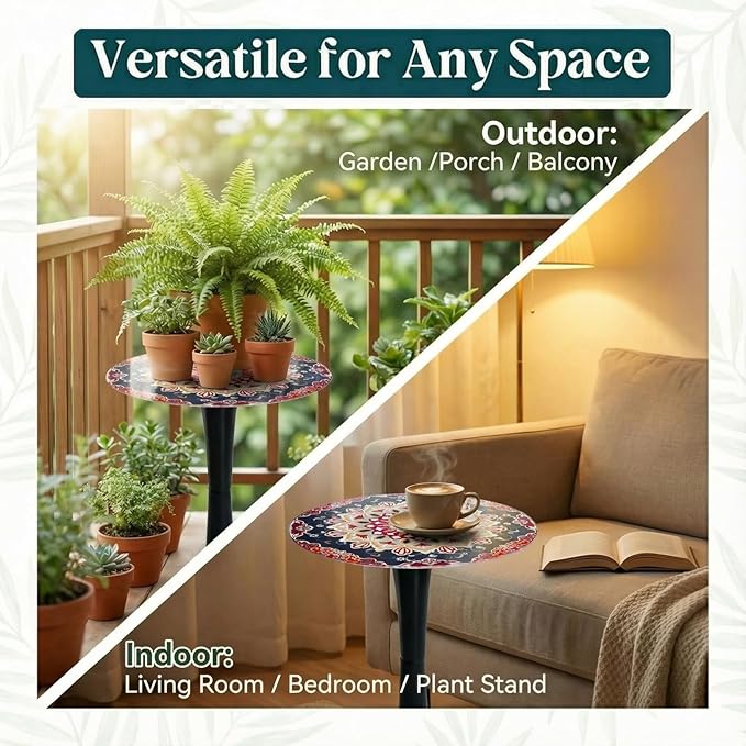 Simmer Stone 13.4" Outdoor Side Table, Round Patio Bistro Table Printed Tempered Glass Top, Waterproof Rust-Proof Base, Small Plant Stand for Balcony, Garden, Deck, 21.6" H (Ochre Color)