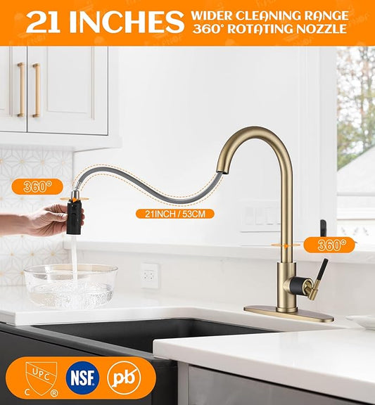 Black and Gold Kitchen Faucet,Stainless Steel Faucet for Kitchen Sink with Pull Down Sprayer, Single Handle High Arc Gooseneck Sink Faucet for Bar RV, Fit for 1/3 Hole Brushed Finish
