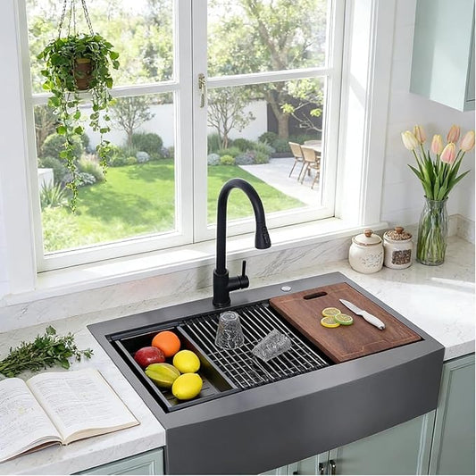 33 Inch Drop In Farmhouse Sink Black, 33x22 Inch Gunmetal Black Top Mount Farmhouse Kitchen Sink Single Bowl, Topmount Apron Front Stainless Steel Farm Sink Workstation