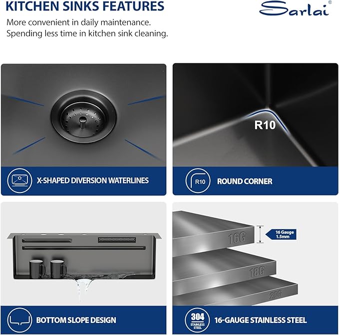 Sarlai Black Waterfall Drop Kitchen Sink 33 Inch Drop In Workstation Kitchen Sink Topmount 16 Gauge Stainless Steel 33x22 Inch Single Bowl Multifuction Workstation Top Mount Sinks with Double Knob