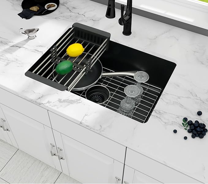 Black Kitchen Sink, Matte Black Granite Composite Kitchen Sink, 27 Inch Undermount Quartz Stone Kitchen Sinks, 27" x 18" x 9" Single Bowl Kitchen Sinks With Accessories