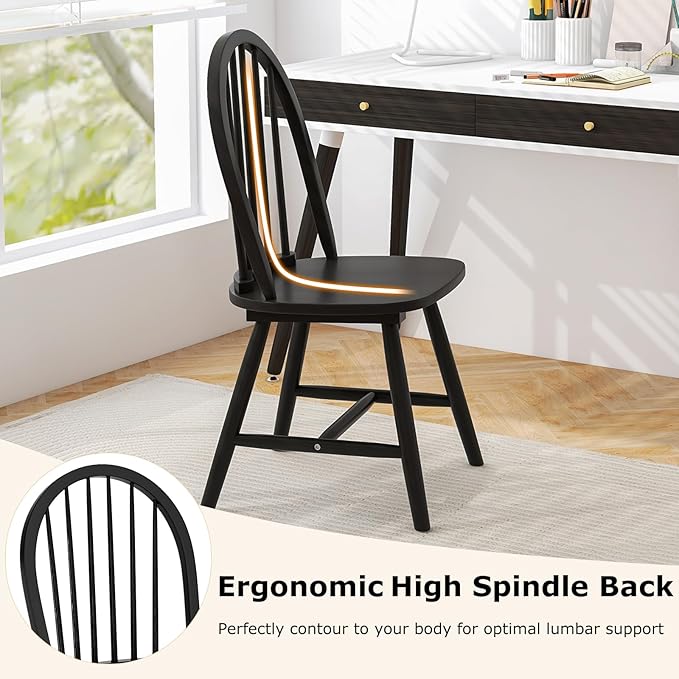 HAPPYGRILL 2 Pieces Wooden Dining Chairs Set, Vintage Armless Windsor Chairs, Kitchen Dining Chairs with Backrest, Black