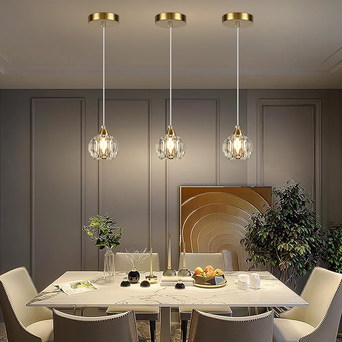 Weesalife Crystal Chandeliers for Dining Room Lights Fixture Over Table, 3 Pack Gold Modern Pendant Light Fixture,Crystal Pendant Lighting for Kitchen Island Bathroom Bar