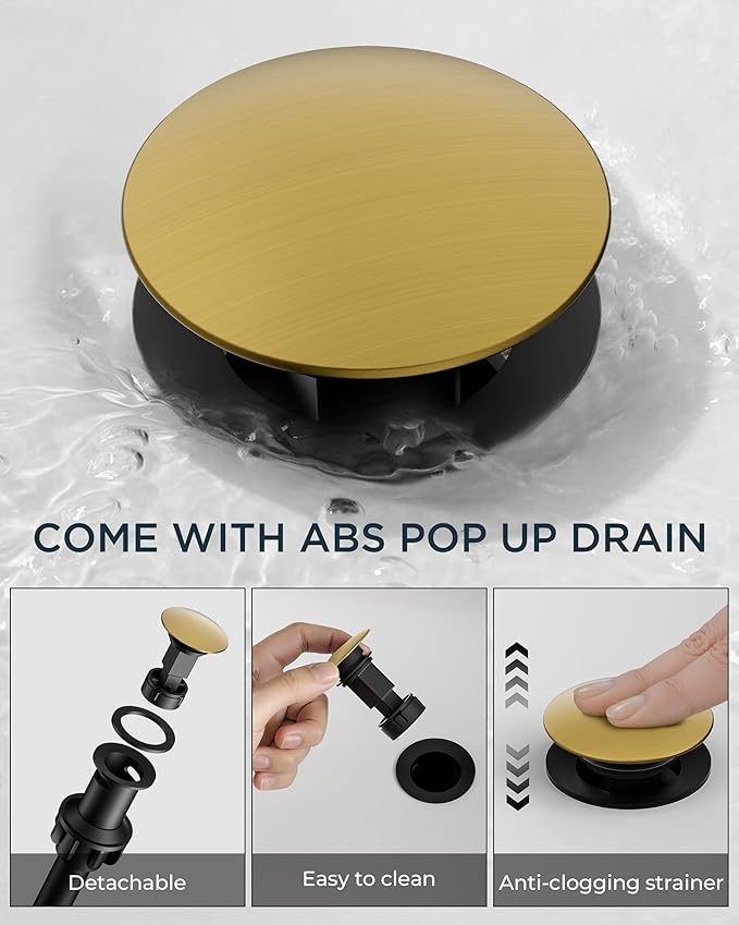 FORIOUS Brushed Gold Bathroom Faucet Single Hole Waterfall Faucet for Bathroom Sink 1 Hole with Deck Plate, Gold Single Handle Vanity Tap with Pop-up Drain and CUPC Hose for RV, Lavatory