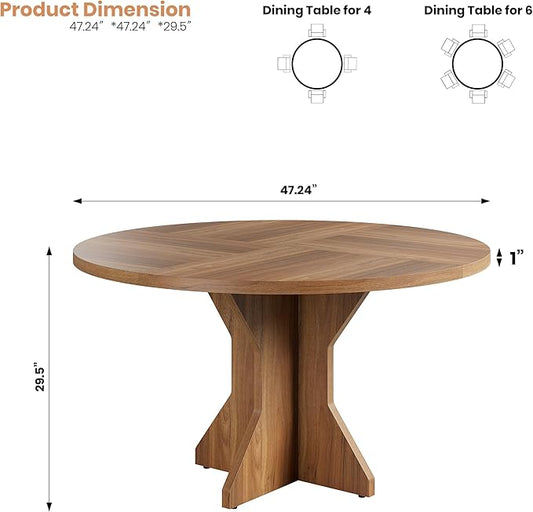 Garvee Round Dining Table for 4-6 People - 47" Circle Kitchen Dinner Table with Sturdy Pedestal Base, Small Spaces Dinning Room Furniture for Living Room, Kitchen, Apartment, Brown