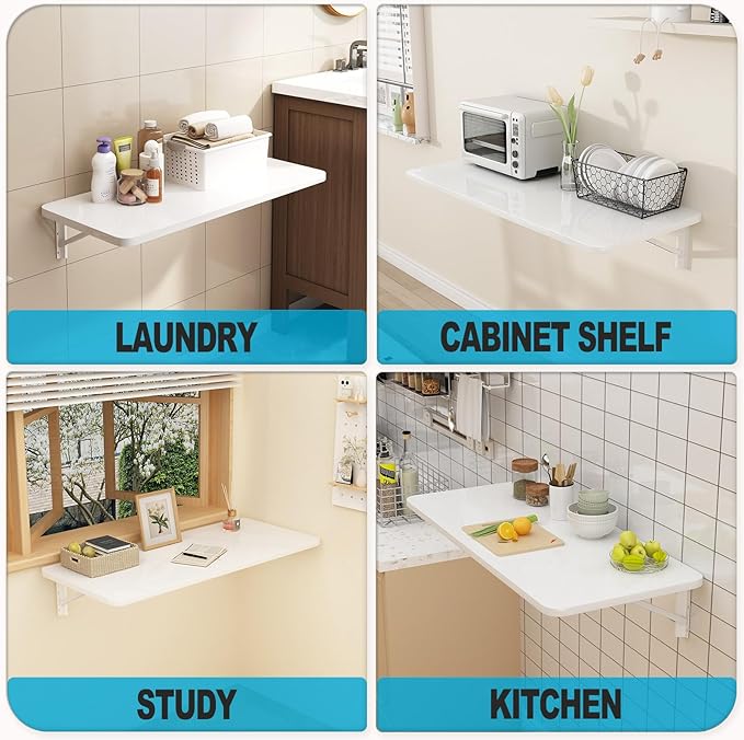 Wall Mounted Folding Table for Laundry Room Piano Baking Paint Waterproof, Wall Mount Table Fold Down Multi Size, Foldable Desk for Kitchens、Handicraft Production、Bars、Sewing Station(White)
