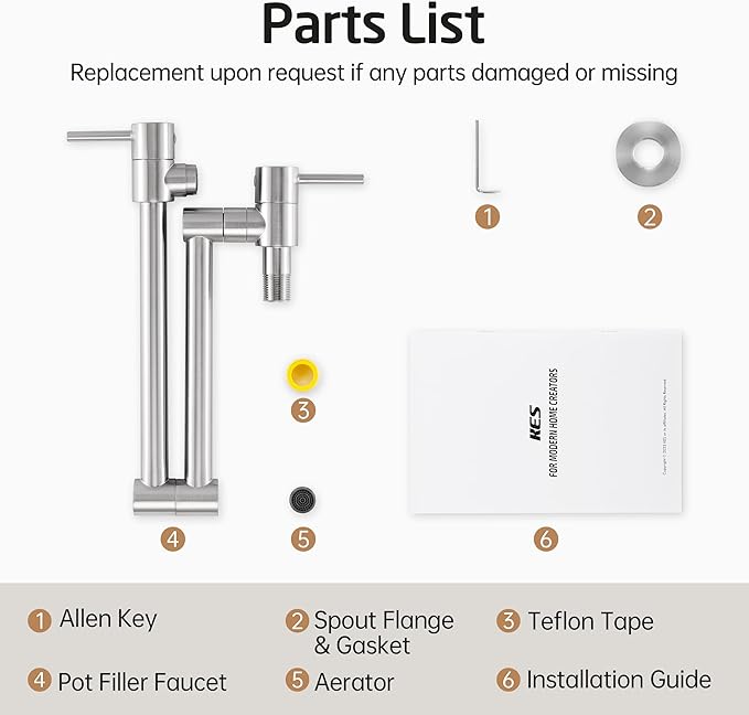 KES Kitchen Pot Filler Folding Faucet Brass Double Joint Swing Arm Sink Faucet Articulating Wall Mount Two Handle Brushed Nickel, KN926LFF18-BN