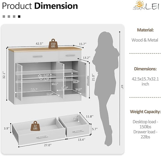 SUNLEI Sideboard Buffet Cabinet with Storage, Kitchen Storage Cabinet with 3 Doors and 2 Drawers, Farmhouse Coffee Bar with Adjustable Shelf for Living Room, White&Yellow