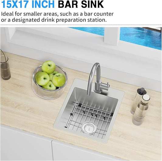 Kitchen & Bar Sink,15x17 Inch Bar Sink Stainless Steel Drop In Small Kitchen Sink Ideal Choice For Small Spaces Topmount Sink With Bottom Grid,Soap Mat And Drain Assembly Serve Both Kitchen And Bar