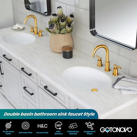 gotonovo 3 Hole 2 Handles Lavatory Basin Bathroom Sink Faucet with Pop Up Drain with Hot and Cold Mixer Valves 8 Inch Widespread Bathroom Faucet Dark Gold