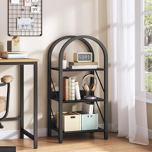 HOOBRO Bookshelf, 3-Tier Bookshelf Arched Display Racks, Industrial Bookcase with Metal Frame, Book Shelf Storage Organizer for Living Room, Office, Bedroom, Black BB423SJ01