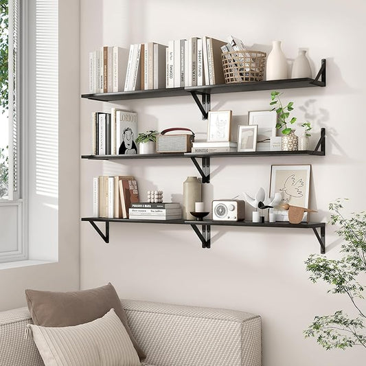 Axeman 55 Inch Floating Shelves | 8 Inch Deep Black Wall Shelves Set of 2 | 55" W x 8" D Rustic Black Wood Shelves for Bathroom Kitchen Living Room
