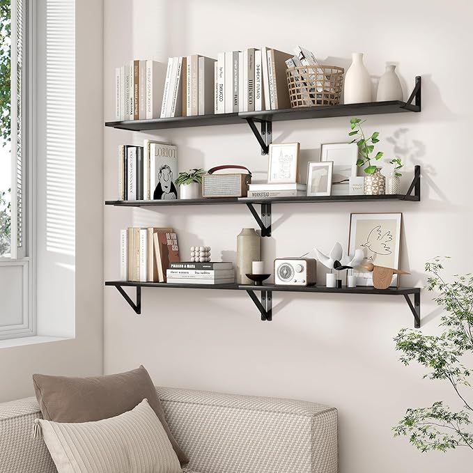 Axeman 24 Inch Black Floating Shelves | 8 Inch Deep Wall Shelves Set of 2 | 24''W x 8''D Rustic Black Wood Shelves for Bathroom Kitchen Living Room Bookshelf Home Office