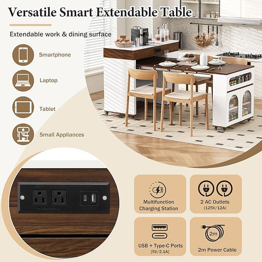 Extendable Kitchen Island on Wheels with Drawers, Power Outlet, Cabinet Storage, Walnut and Creamy White, 43.5 x 37.6 Inch (Creamy White,Walnut)